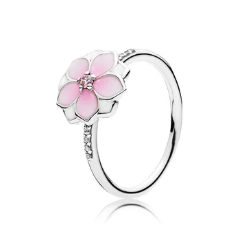 אותנטי 925 כסף סטרלינג ורוד, מגנוליה בלום האופנה פרח טבעת עבור נשים מתנות DIY תכשיטים