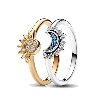 כסף סטרלינג 925 פאן אירופה שמימי כחול נוצץ הירח טבעת & השמש הטבעת לנשים אופנה