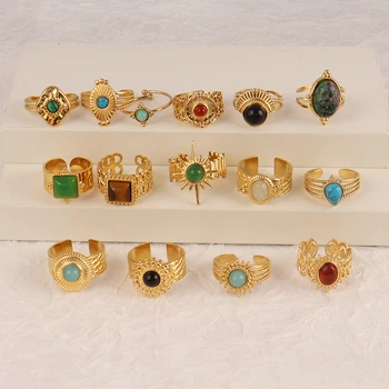316L נירוסטה טבעת טורקיז קסמי שרשרת רחב פתוח טבעות לנשים גיאומטריה צבעוני אבן טבעית טבעת תכשיטים מתנה