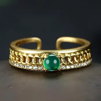 טבעי ירוק ג 'ייד טבעת עם זירקון זהב 24k מצופה נחושת טהור, ברקת מיאנמר ג' יידיט פתח טבעות מתכוונן נשים תכשיטים יפים