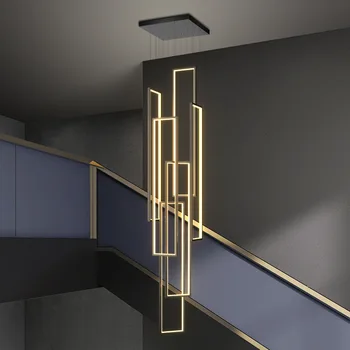 תליון אור מודרניים הובילו מדרגות נברשת מינימליסטי מלבני וילה דופלקס נברשת שחור/זהב הסלון תלויות מנורות